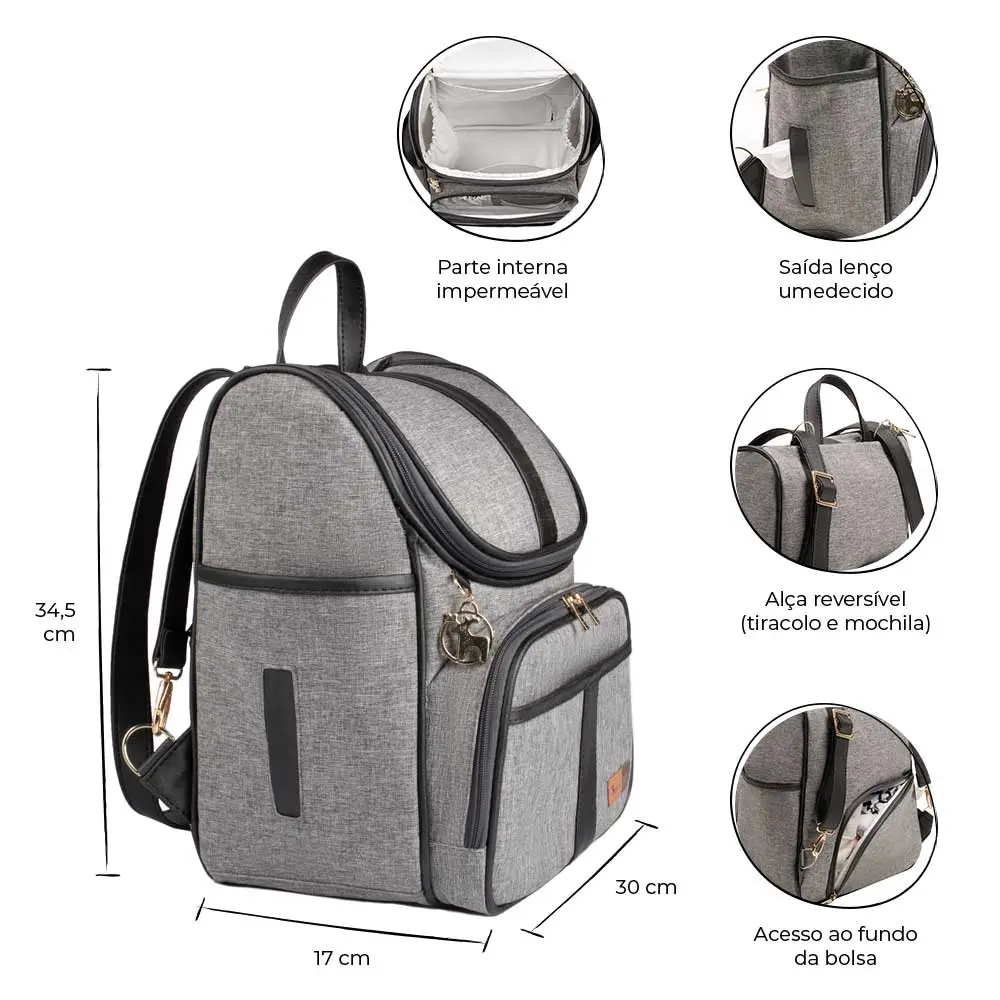 Kit Mochila e Mala Maternidade Multifuncional Lebaby 2 em 1 Cinza Mescla - Miniatura 8