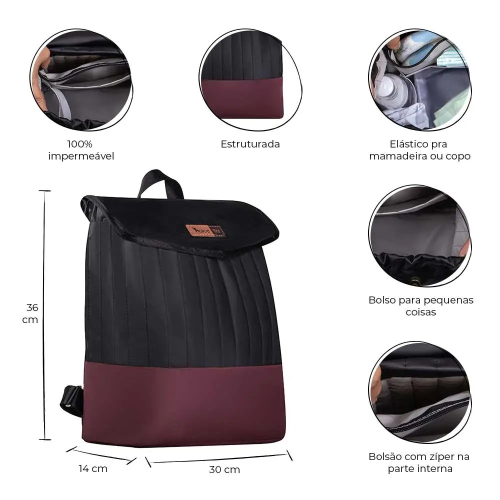 Kit Bolsa Mala e Mochila Maternidade Coleção Cores - Preto e Marsala - Miniatura 12