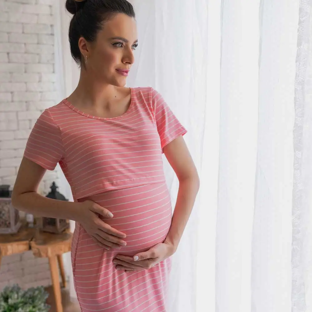 Vestido de Amamentação e Maternidade – Midi Viscolycra Listras Rosa - Miniatura 6