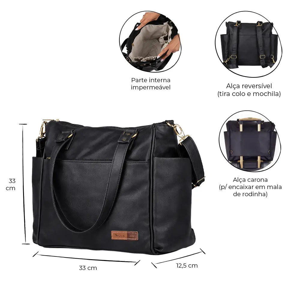 Bolsa Mochila Maternidade 2 em 1 Corah Preta - Miniatura 2